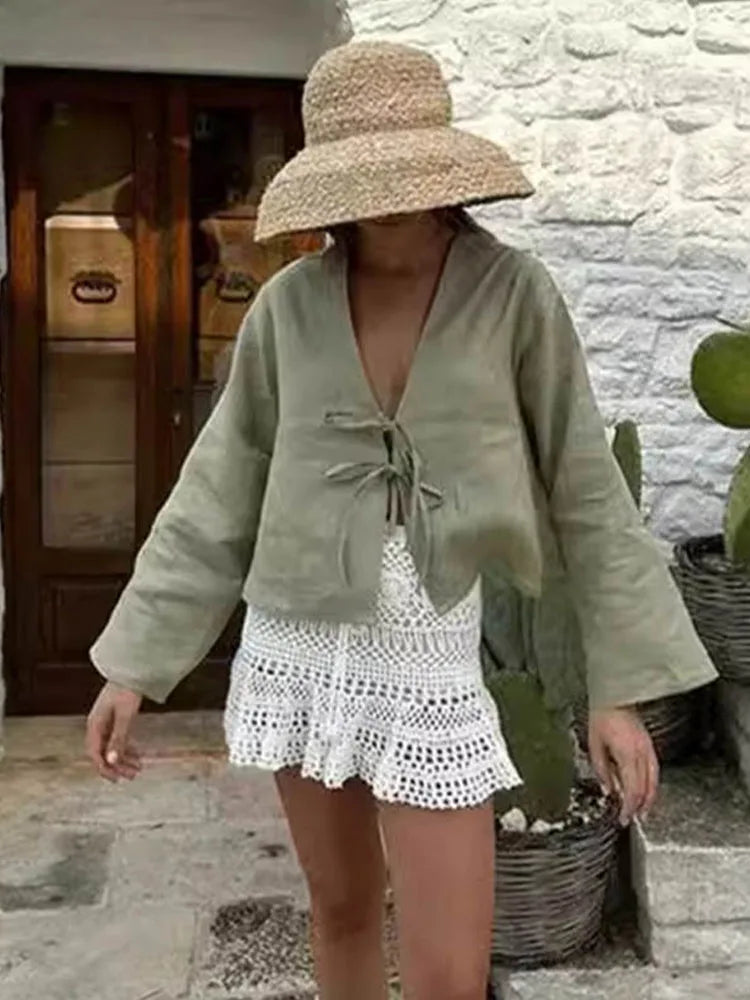 Lace Up Long Sleeve V-neck Blouse