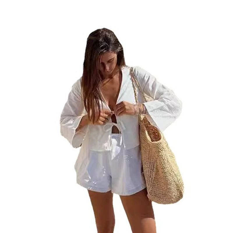Lace Up Long Sleeve V-neck Blouse