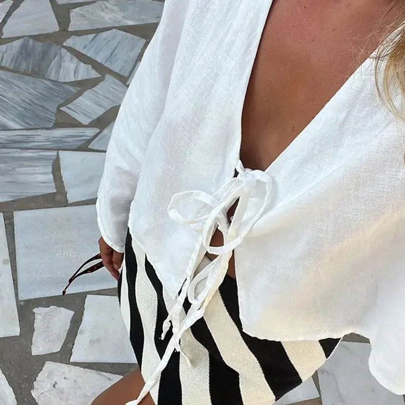 Lace Up Long Sleeve V-neck Blouse