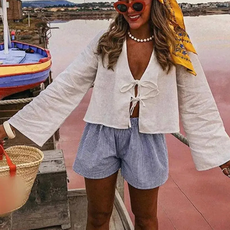 Lace Up Long Sleeve V-neck Blouse