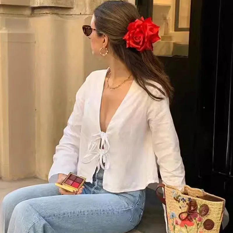 Lace Up Long Sleeve V-neck Blouse