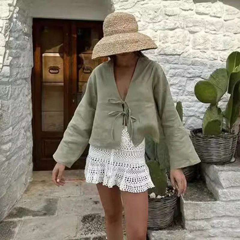 Lace Up Long Sleeve V-neck Blouse