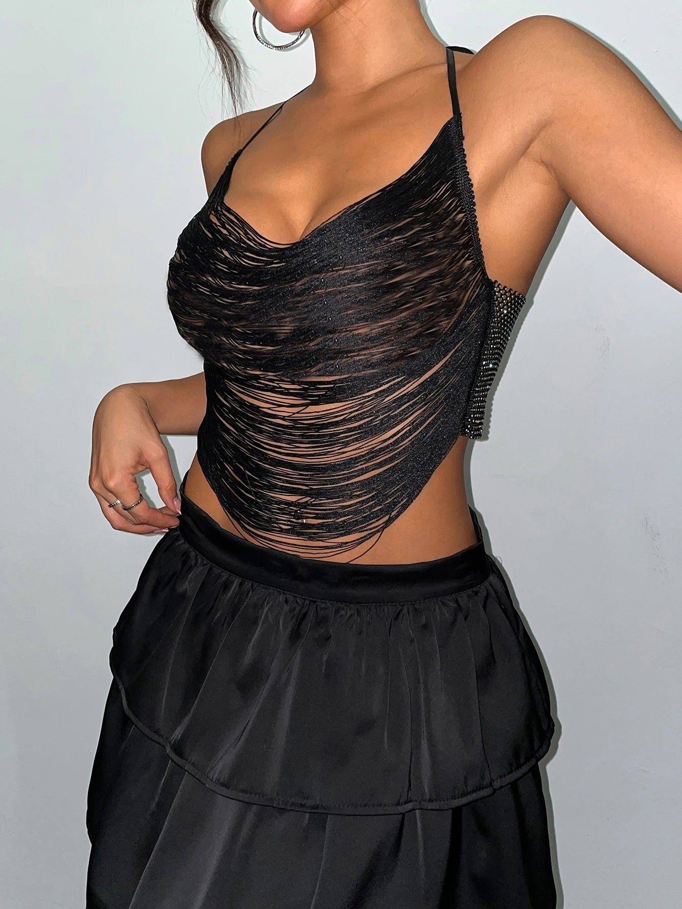 Black Tassel Camisole Backless V Neck Tank Top
