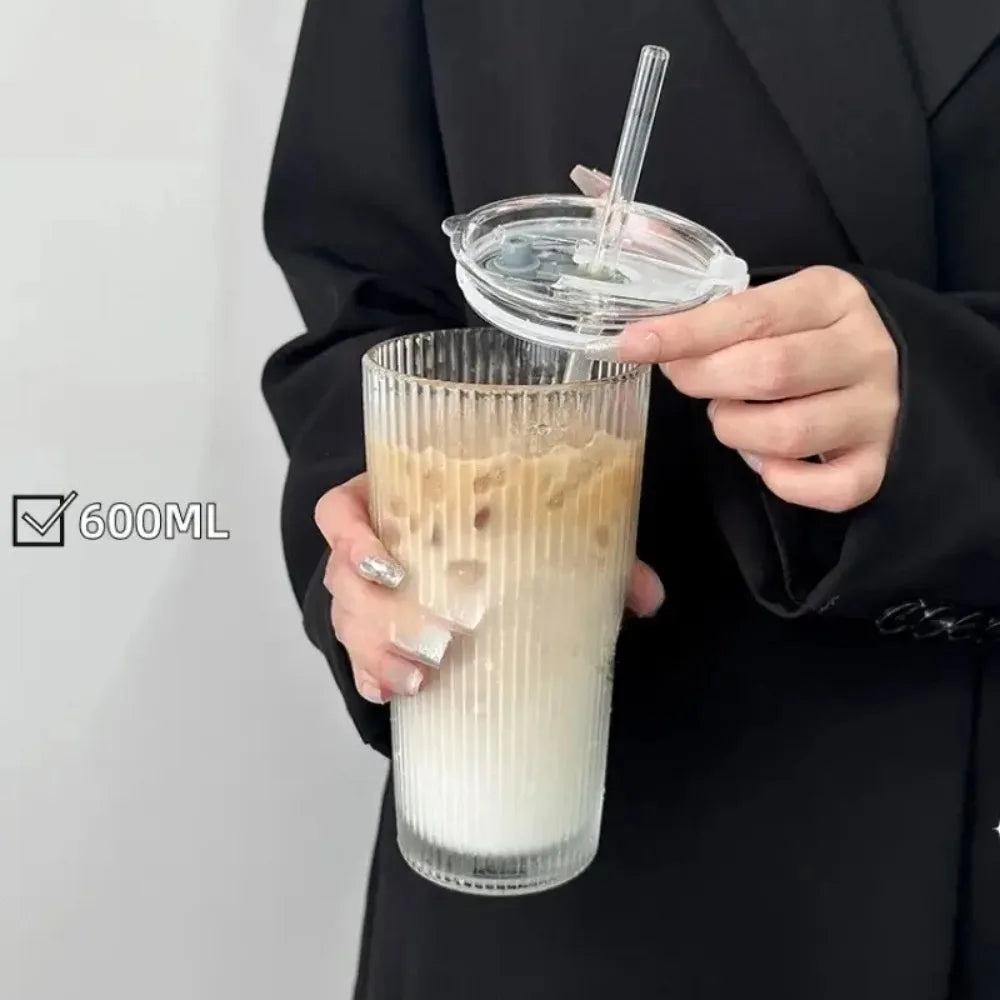 600ml Stripe Glass Cup with Lid and Straw Transparent Drinking Glasses for Juice Water and Iced Coffee Cups Mug Drinkware