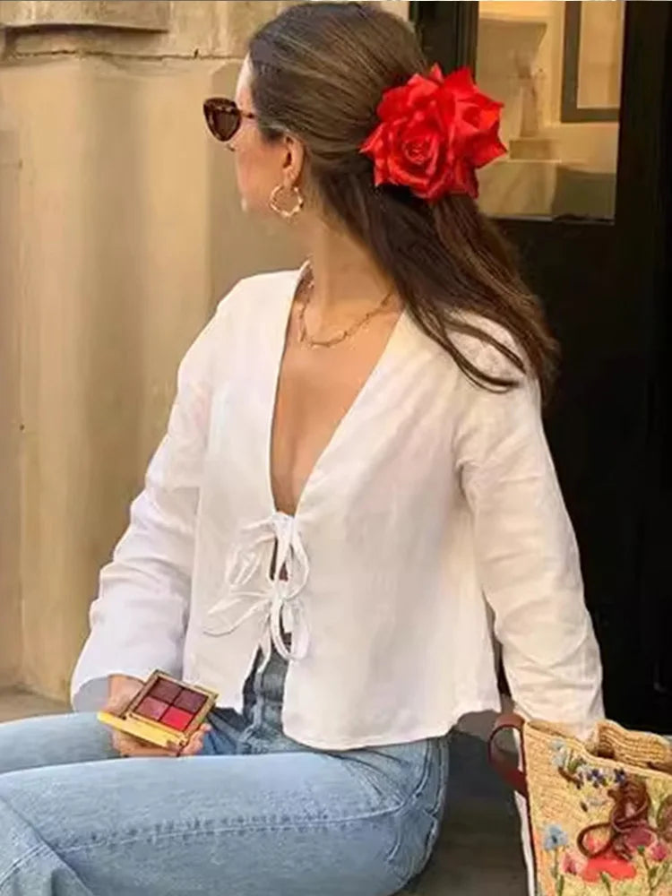 Lace Up Long Sleeve V-neck Blouse