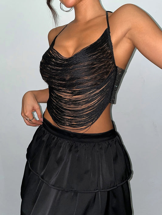 Black Tassel Camisole Backless  V Neck Tank Top