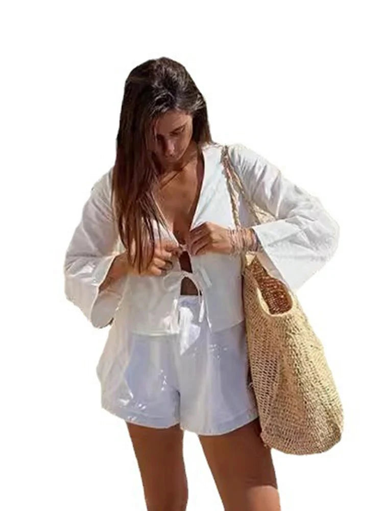 Lace Up Long Sleeve V-neck Blouse